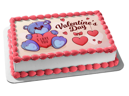 Happy Valentine s Day Stuffed Bear Hearts  I Love You  Edible Cake Topper Image ABPID53574 Online